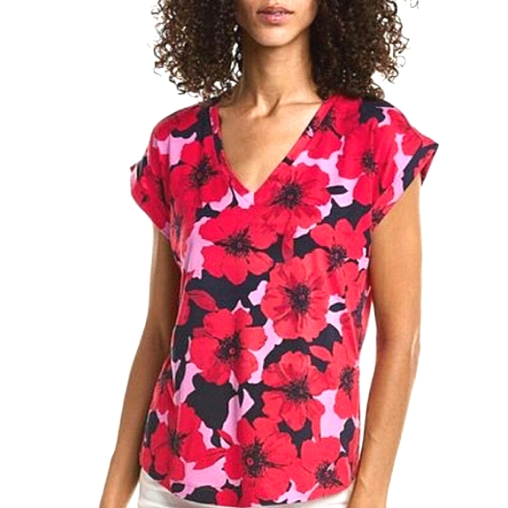 BOBEAU Floral V-Neck Stretchy Jersey Knit Top NWT